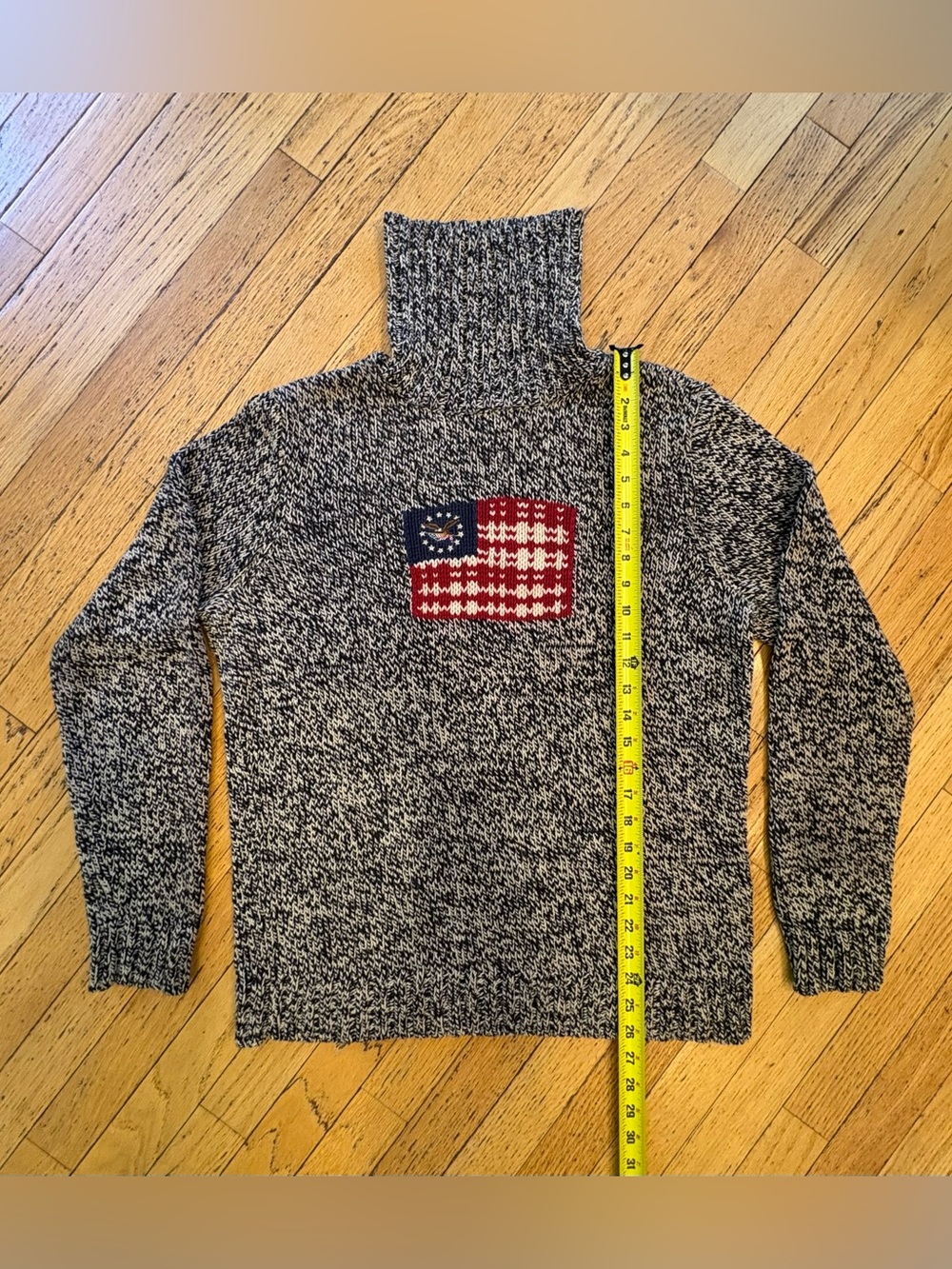 Women’s Vintage American Living Marled Gray Turtleneck Sweater with Flag Patch